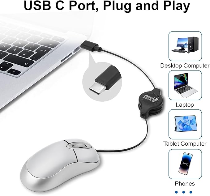 EEEKit Mini Wired USB C Mouse, 3-Button Retractable Corded Mouse Optical Computer Mice for Laptop PC MacBook iPad Smartphones, Silver