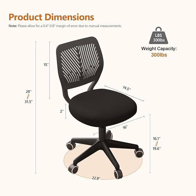 Armless Desk Chair, Height Adjustable Swivel Office Rolling Task Chairs with Soft Mesh Padded Cushion, Ergonomic Small Study Computer Chair for Girls Boys Teens (Black, 4PCS)