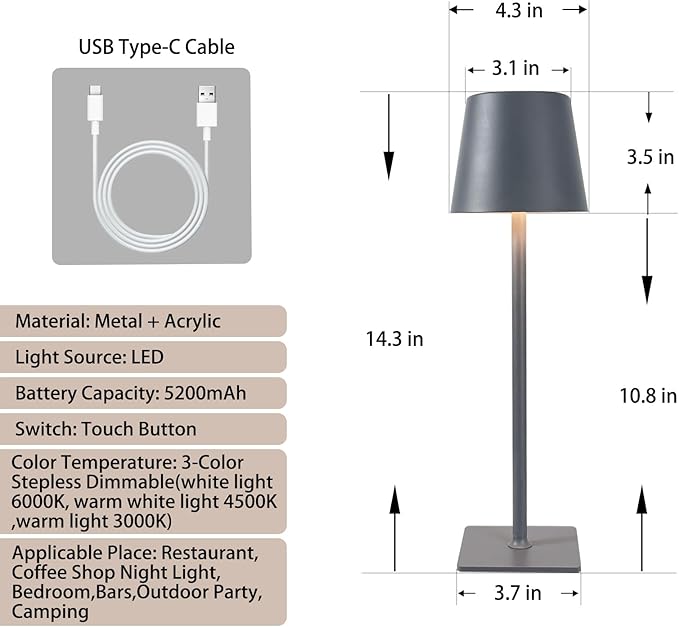 MIOBLUE 2 Pack Cordless Table Lamp,Portable LED Desk Lamp, 5200mAh Battery Operated, 3 Color Dimmable Table Light for Restaurant,Coffee Shop Night Light,Bedroom,Bars,Outdoor Party,Camping(Dark Grey)