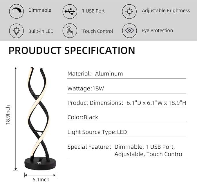 LED Modern Table Lamp, Stepless Dimmable Spiral Table Lamps for Bedroom, 3 Colors Touch Control Bedside Nightstand Lamp with 1 USB Charging Ports, Desk Lamps for Living Room Office (Black)