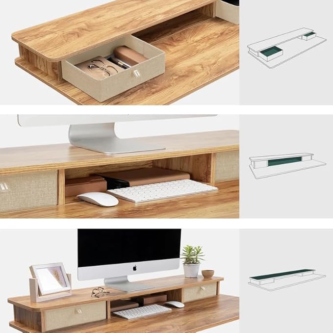 FEZIBO 48 x 24 Inch Whole-Piece Height Adjustable Standing Desk with Double Drawers, Sit Stand Desk, Home Office Stand Up Table with 4 Height-Adjustable Feets & 2 Hooks, Light Rustic Top