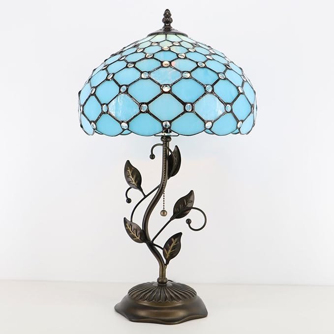 Tiffany Lamp Stained Glass Table Lamp Desk Bedside Reading Light 12X12X19 Inches with Metal Leaf Base(Sea Blue Beads)