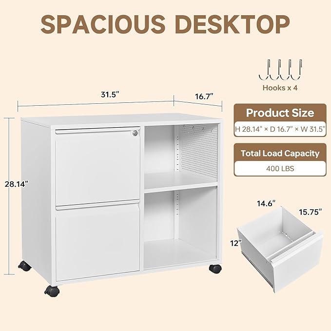 Mobile File Cabinet, 2 Drawer Lateral Filing Cabinets with Lock, Open Storage Cabinet with Adjustable Shelves Fits Letter, A4, Legal Size for Home Office Organization, White