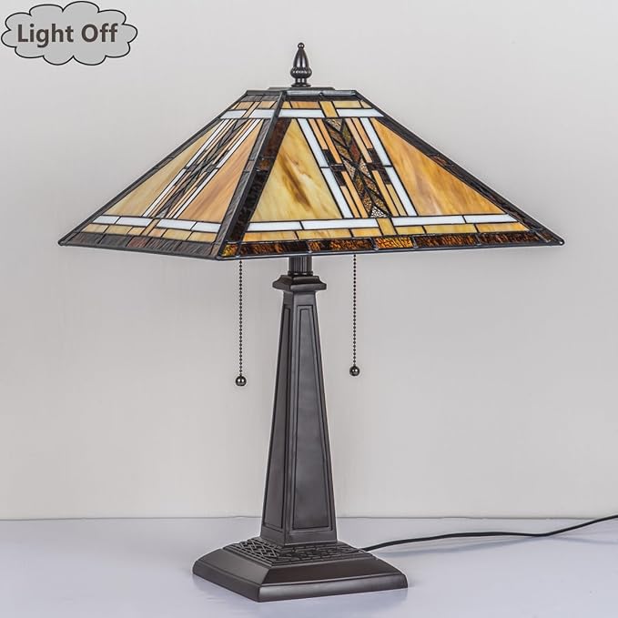 Tiffany Table Lamp,Mission Style Stained Glass Table Light,Antique Style 16 inch Large Desk Lamp,2 Lights Vintage Beside Reading Lamp for Living Room Bedroom Office