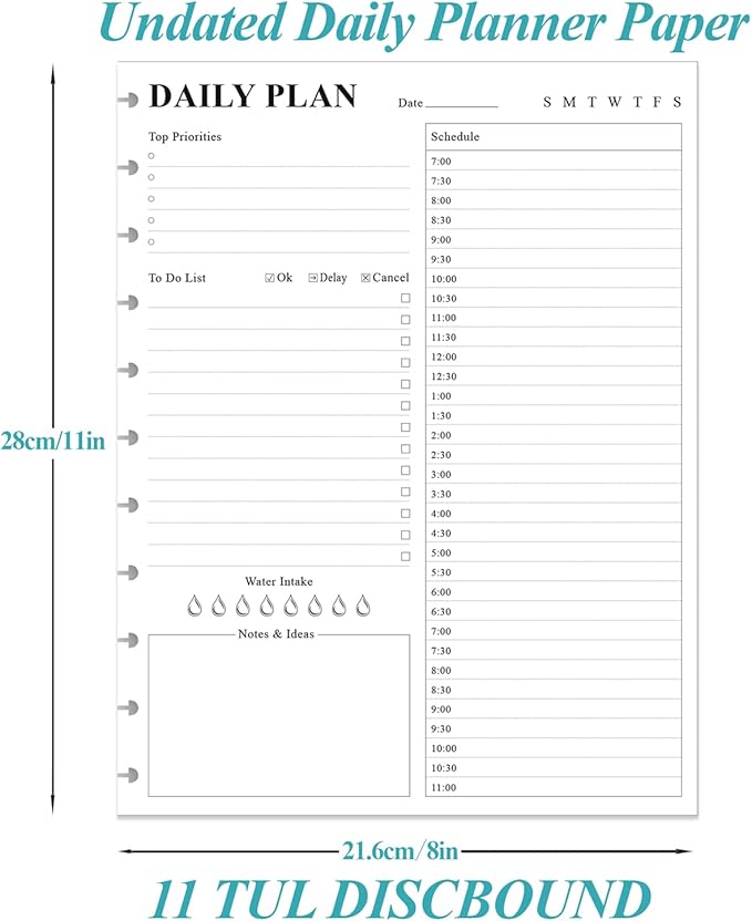(2-Pack) Undated Daily Planner Refill - 11 Disc Discbound To Do List Refills, Letter Size 200 Sheets/400 Pages Planner and Lined Refill, Day Planner Insert, 100 gsm White Paper, 8.5'' x 11''