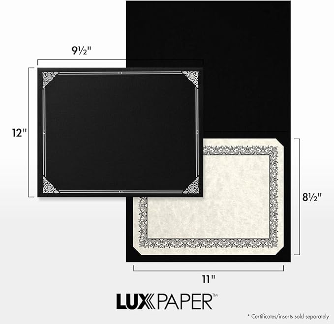 LUXPaper 9.5" x 12" Certificate Holders | Black Linen | Embossed Silver Foil Floral Border | 100lb. Cover | 25 Qty