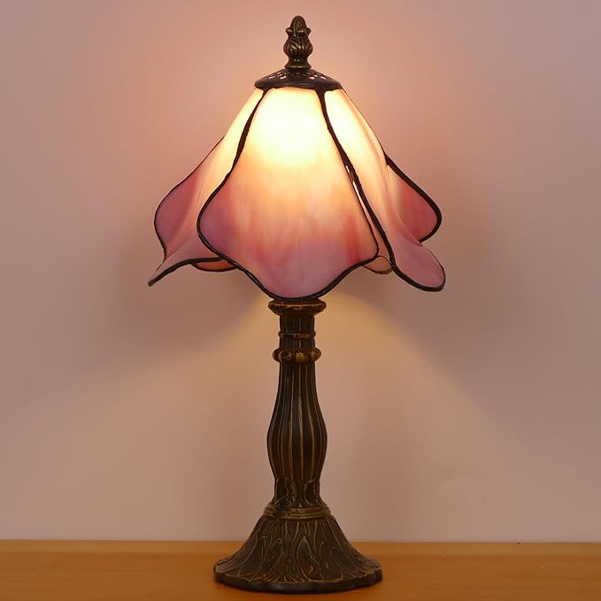 Small Tiffany Lamp Mini Stained Glass Table Lamp Bedside Accent Lamp Memory Sympathy 8X14.5 Inch (Pink)