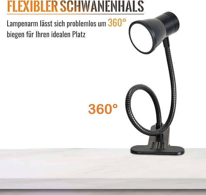 Clip Desk Lamp, USB Reading Light, Flexible Neck Led Clamp Light with 3 Color Temperature Options, 10 Dimmable Brightness Levels for Working, Studying (8W)