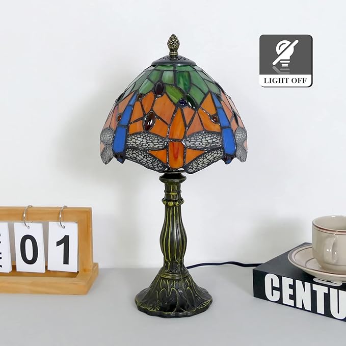 Tiffany Lamp Orange Dragonfly Stained Glass Table Lamp Desk Reading Light, 8" Wide 15" Tall Bronze Base Bedside Table Lamp Decor for Bedroom Living Room Home Office