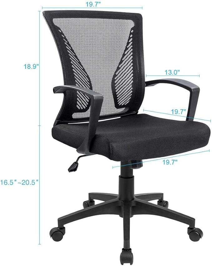 Furmax Office Chair Ergonomic Computer Desk Mesh Chair Mid Back Swivel Lumbar Support with Armrest (1, Black)