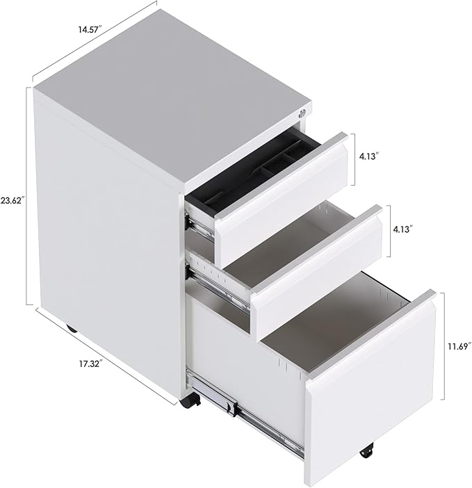 Under Desk File Cabinet, 3 Drawers Mobile Metal Filing Cabinet with Lock and Wheels for Home Office Letter/Legal/A4