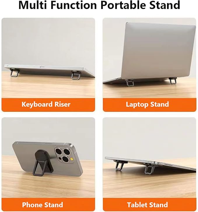 2PCS Zinc Alloy Mini Foldable Laptop Stand, Portable Computer Keyboard Riser with 2 Adjustable Angles, Self-Adhesive Invisible Notebook Stand and Keyboard Lift for Desk (Black)