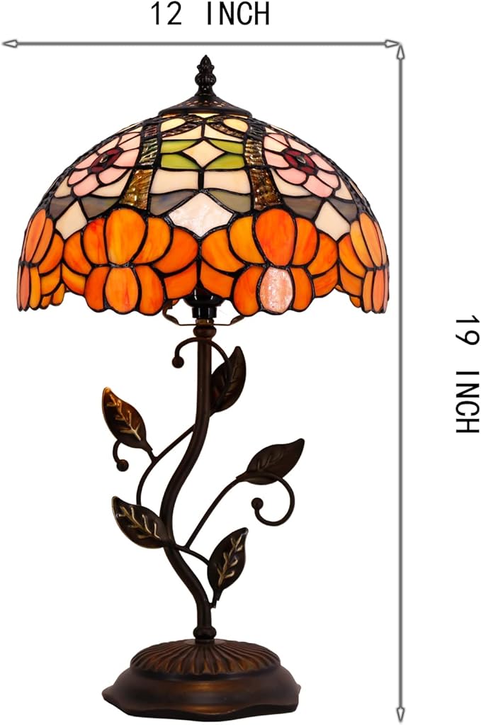 Tiffany Lamp Orange Flower Stained Glass Table Lamp Desk Bedside Reading Light 12X12X19 Inches with Metal Leaf Base Decor Bedroom Living Room
