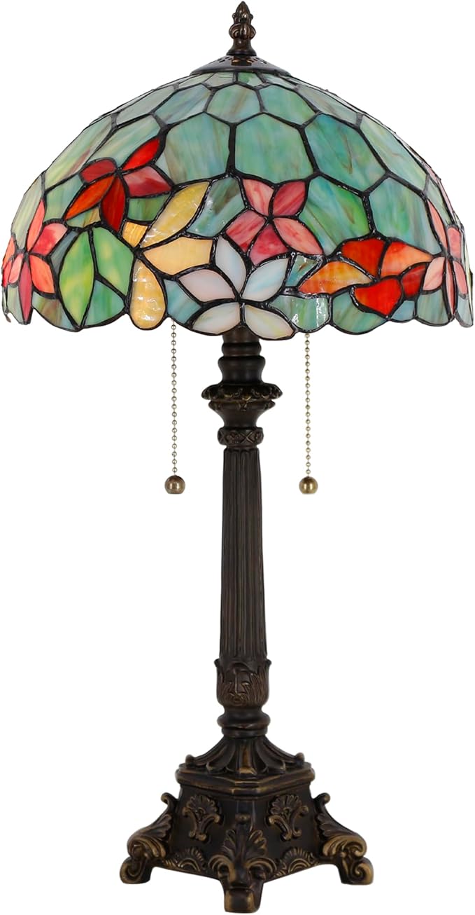 Tiffany Table Lamp Red Yellow Green Flowers Stained Glass Desk Lamp 12X12X21 Inches Reading Light