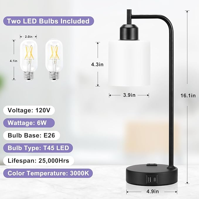 Industrial Touch Bedside Lamps for Bedrooms Set of 2 - 3-Way Dimmable Nightstand Lamps with USB C+A Ports and Outlet, Table Lamps with Opal Glass Shade for Living Room, Desk Lamps for Home Office