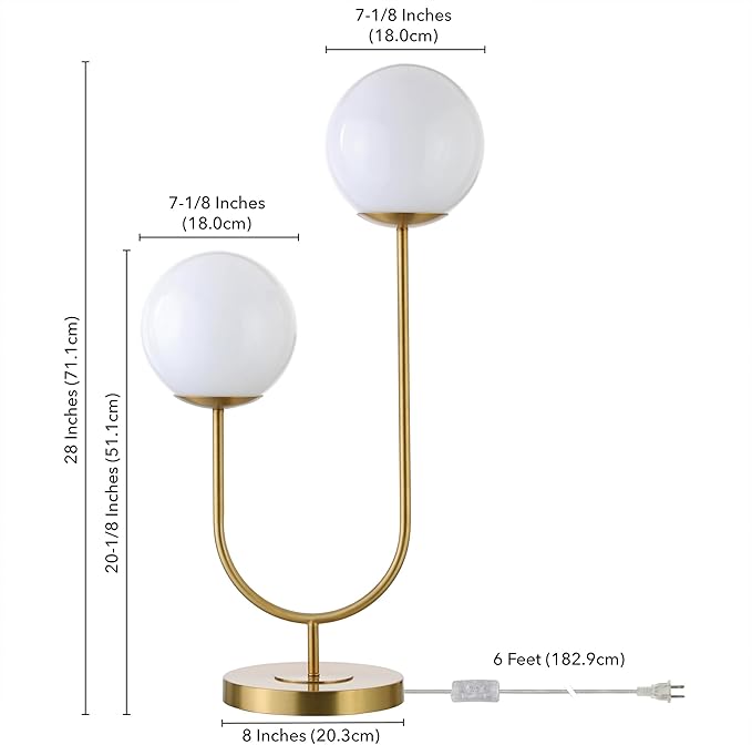 Henn&Hart 28'' Mid-Century Modern 2-Light U-Shaped Table Lamp with White Milk Glass Globe Shade for Living Room, Bedroom, or Office, Brass