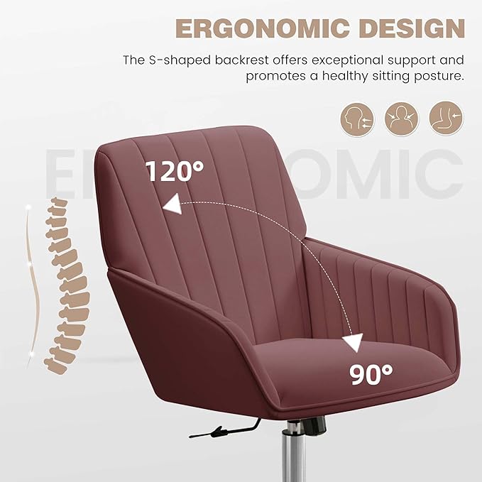 YISHENG Velvet Office Desk Chair with Silver Base, with Wheels,Modern Height Adjustable 360 Degree Swivel Upholstered Vanity Chairs with Arms for Living Room Bedroom,Rose