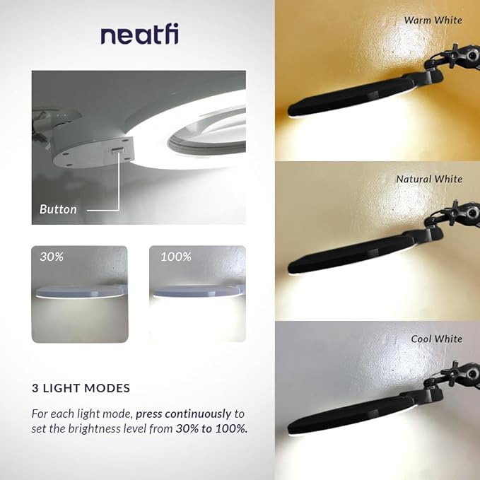 Neatfi XL Bifocals 1,200 Lumens LED Magnifying Lamp with Clamp, 3 Light Modes, Correlated Color Temperature Control (3000K-4500K-6000K), 12W, 120 Pcs SMD LED (Black, 6 Inch Lens)