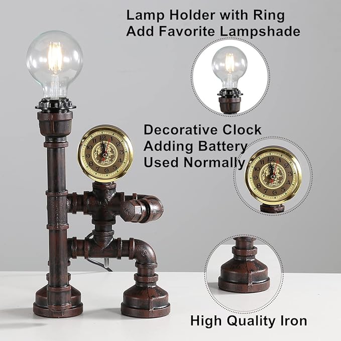 Water Pipe Table Lamp Robot Style- Retro Industrial Table Light- Antique Steampunk Metal Desk Lamp Bedside Lighting Fixture for Office, Reading Kids Room, Cafe Bar (Rust-Style E)