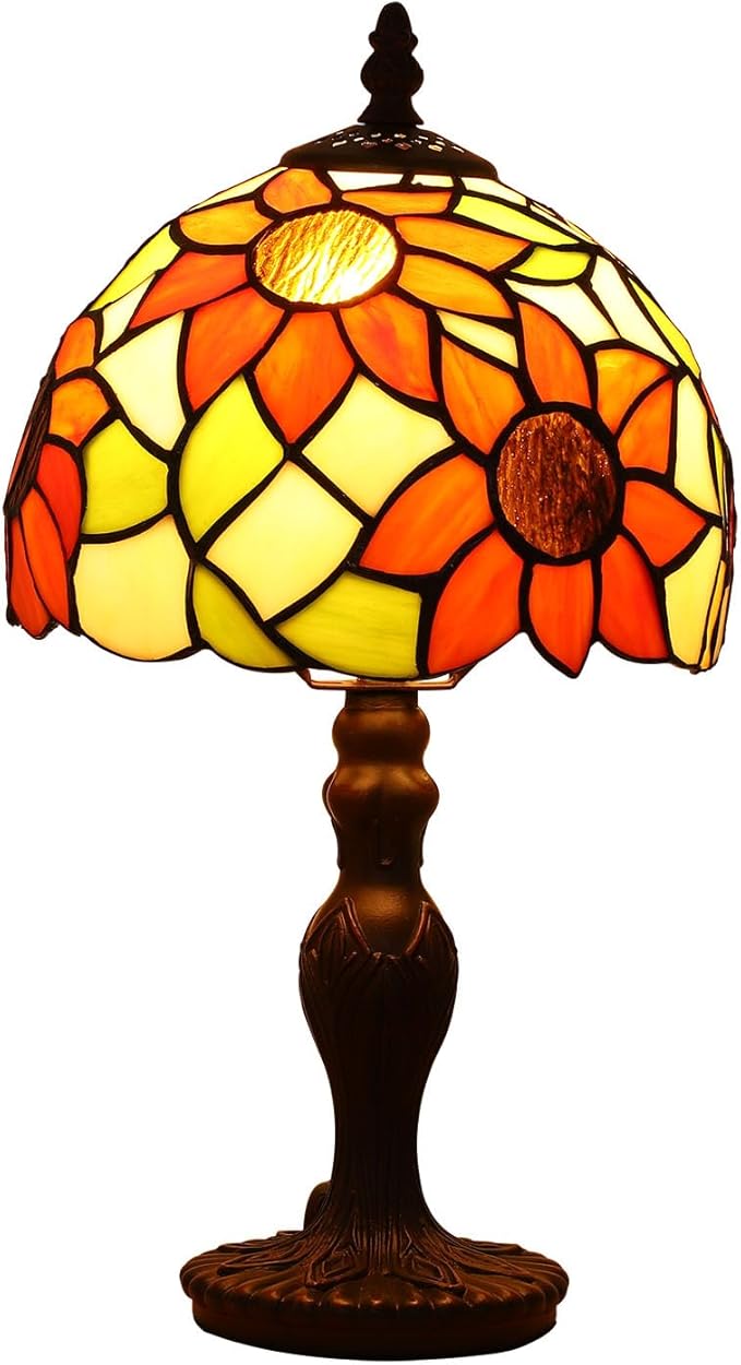 Tiffany Small Table Lamp Sunflower 3-Way Color Temperatures Stained Glass Table Lamps for Living Room Bedroom Bedside Nightstand Night Light Home Office Desk Lamp W/LED Bulb 8X8X15Inch