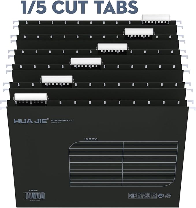 MerryNine 36pcs Hanging File Folders Letter Size, Paper Filing Cabinet Folders Organizer with 1/5-Cut Tabs and Inserts, Suspension File Organizers for Office School Home Hospital, Black