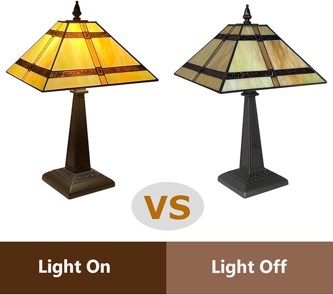 Tiffany Table Lamp,Amber Stained Glass Table Light,Antique Style Medium Size Desk Lamp Vintage Beside Reading Lamp for Living Room Bedroom Office