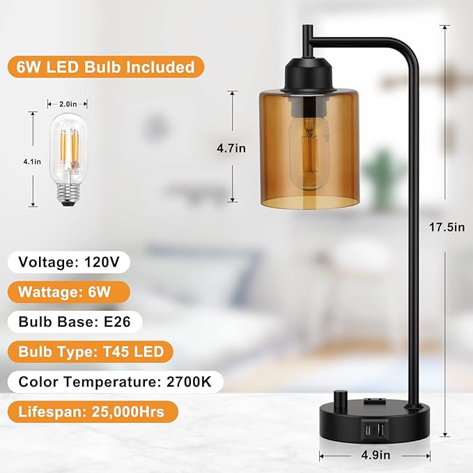 Innqoo Industrial Small Desk Lamp for Nightstand - Amber Clear Glass Shade Table Lamp with USB C Port, Fully Dimmable Black Bedside Lamp with USB Port and Outlet, Bedroom Lamp for Reading Office