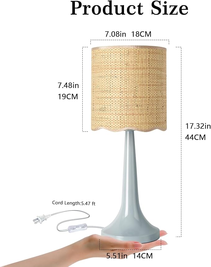Light Blue Rattan Small Table Lamp for Bedroom, Light Blue Wicker Lamps for Bedside Nightstand, Rattan Shade Small Table Shape Lamps for Small Spaces for Kitchen Counter, Home Office, Living Room