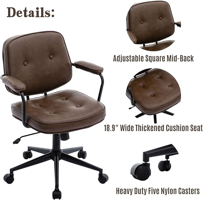 LukeAlon Adjustable Pu Leather Home Office Chair, Comfy 360° Swivel Task Chair with Armrest Modern Thickened Seat Desk Chair Tiltable Computer Chair with Buttons & Wheels, Brown