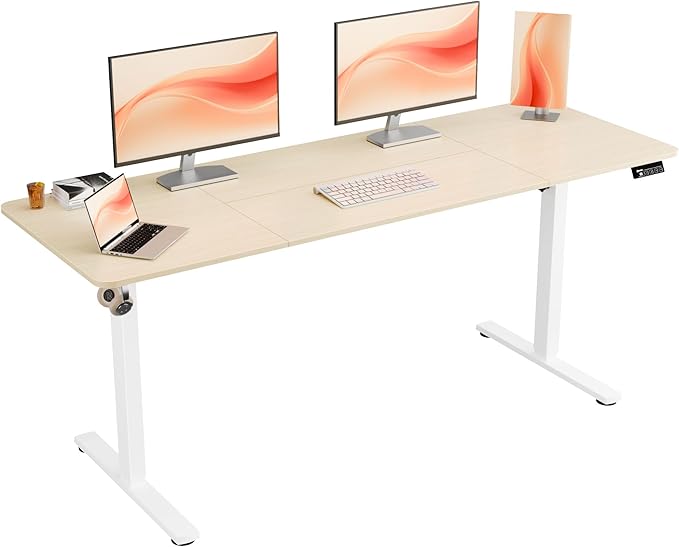 ERGOMAKER Electric Standing Desk, 67" x 23.6" Height Adjustable Sit Stand Desk with Splice Board for Home Office, Computer Desk Memory Preset (White Frame, Gold Oak Desktop)