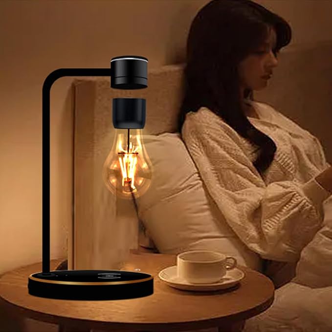 Magnetic Levitating Light Bulb Lamp, Floating LED Bulb Desk Lamp with Wireless Charger, Rotating Levitating Bulb Night Lights for Room Office Decoration (Black)
