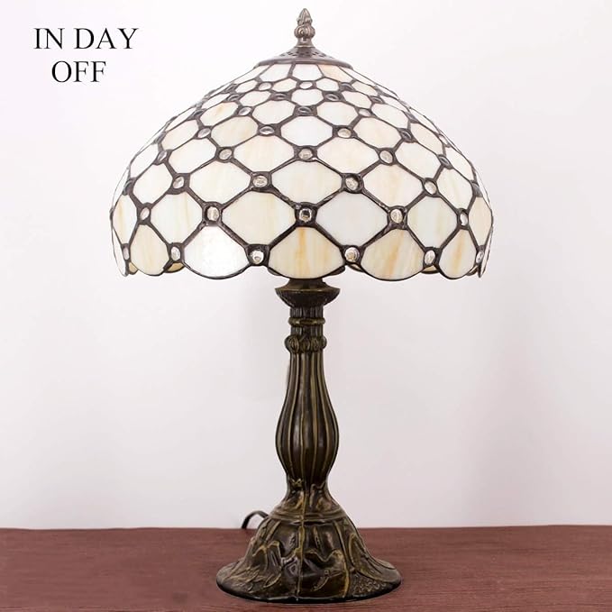 WERFACTORY Tiffany Lamp Cream Amber Stained Glass Bead Table Lamp Desk Bedside Reading Light 12X12X18 Inches Deco Bedroom Living Room Home Office S005 Series