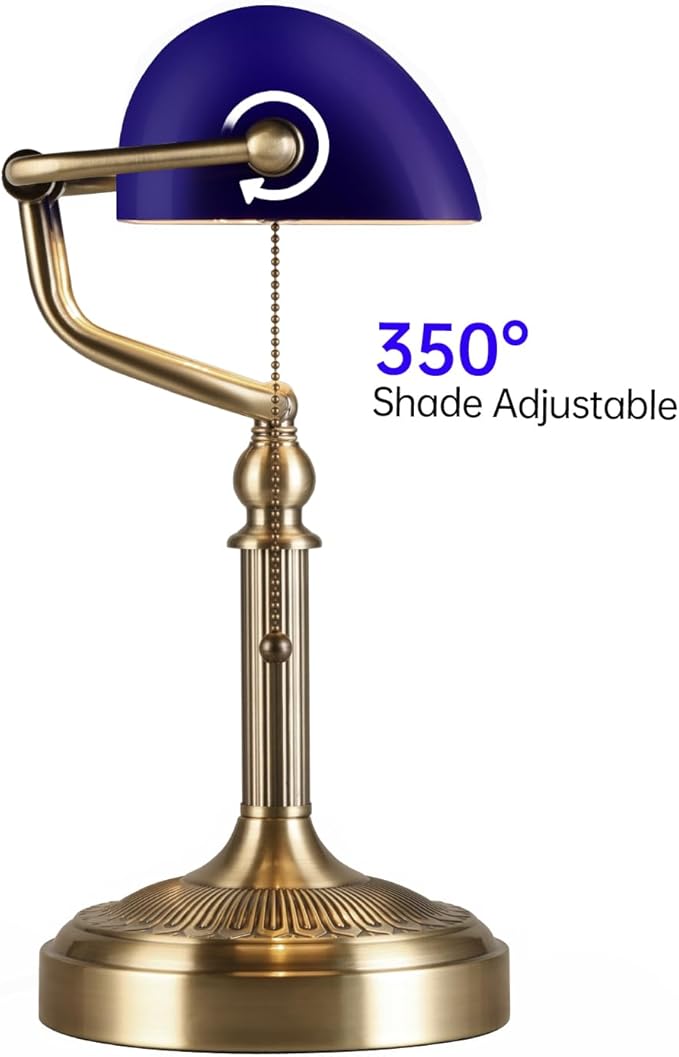 Newrays Blue Glass Bankers Desk Lamp with Pull Chain Switch Plug in Fixture for Home Office,Library