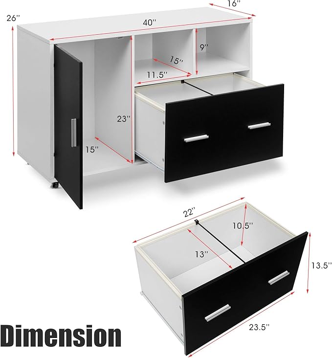Giantex Lateral File Cabinet, Mobile Filing Cabinet with Drawer, Printer Stand with Open Storage Shelves, Wood Organizer for Home and Office A4 Letter and Legal Size (White & Black)
