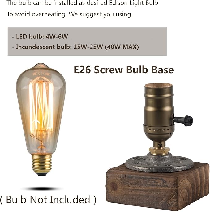 OuXean Vintage Table Lamp, Industrial Nightlight Steampunk Desk Lamp with E26 Antique Lamp Holder for Bedroom Living Room Home Art Display Cafe Bar Studio Antique Decor, Push Button(Without Bulb)
