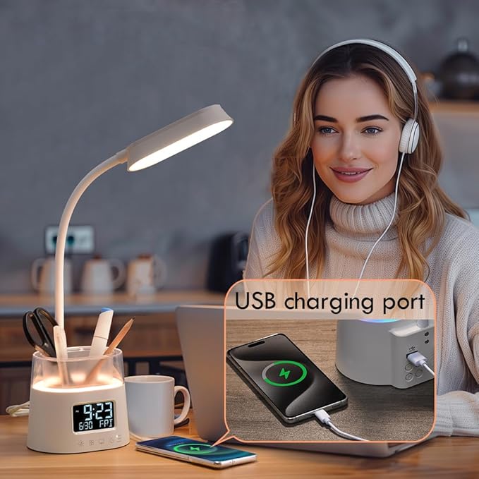 WILIT LED Desk Lamps for Home Office with Pen Holder, Table Lamp for Bedroom with USB Charging Port & Clock, RGB Night Light, Study Lamp for Kids Student, Desk Lamp for College Dorm Room Essentials