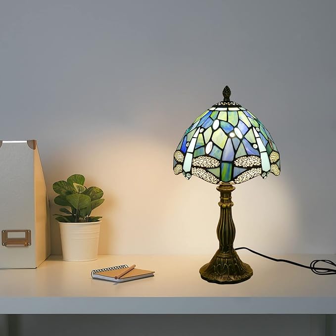 Tiffany Lamp Sea Blue Stained Glass Table Lamp 8X8X15 Inches Dragonfly Style Desk Reading Light Decor Beside Table Lamp for Bedroom Living Room Home Office