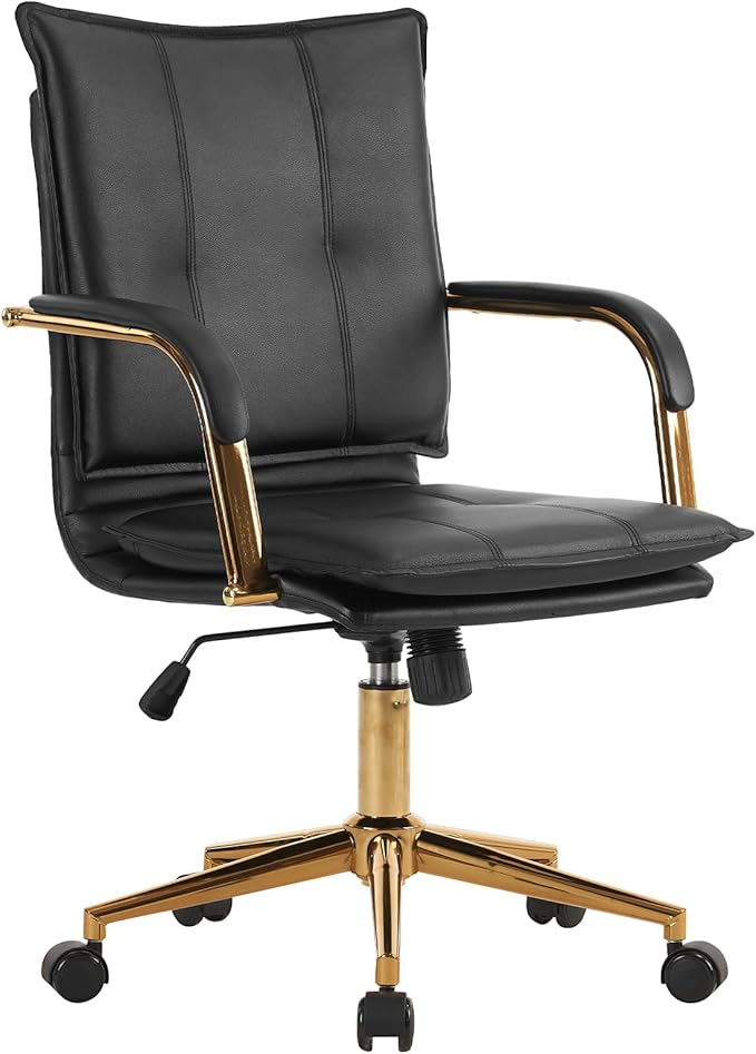 MOJAY Mid-Back Ergonomic Leather Office Desk Chair, Modern Upholstered Computer Chair, Executive Office Chair with Arms, Swivel Adjustable Rolling Chair with Gold Base (Black)