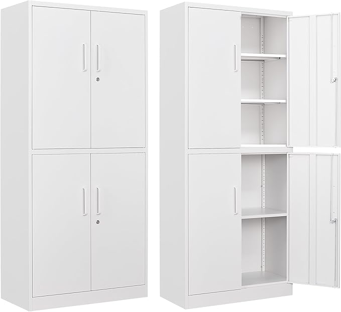 Letaya Metal Storage Cabinet with Lock Door, Adjustable Shelf Steel Cabinets for Office, Home,Pantry,Kitchen,Garage Utility Cabinet (4 Door-White)