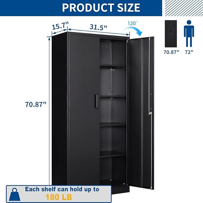Metal Storage Cabinet-71” Tall Steel File Cabinets with Lockable Doors and Adjustable Shelves-Black Steel Storage Cabinet for Home, School, Office, Garage