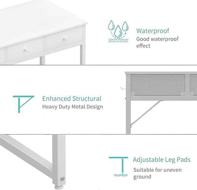 Lufeiya Small White Computer Desk with Fabric Drawers for Home Office Bedroom, 40 Inch Vanity Desk with Drawer Storage and Side Pouch, Study Writing Table, White