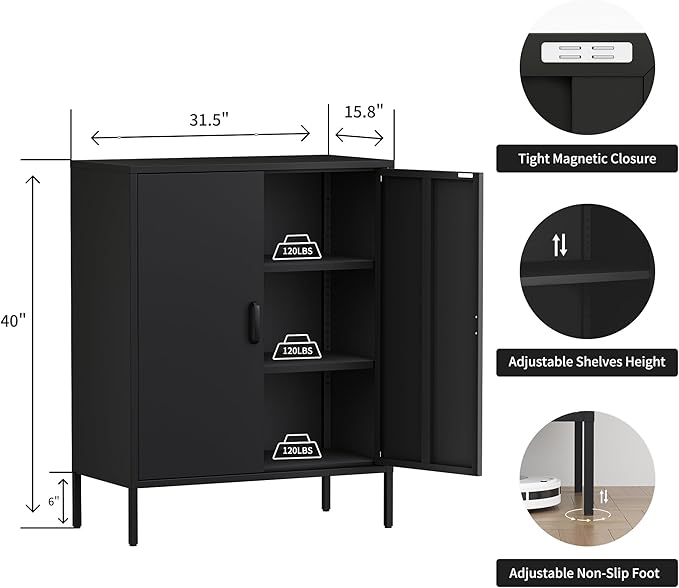 2 Door Metal Storage Cabinet with 2 Shelves, 3 Tier Garage Storage Locker Cabinet for Home, Entryway, Hallway and Office, Assembly Required, Black, (LC-CSG)