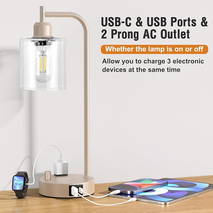 Industrial Table Lamps for Bedrooms Set of 2 - Fully Dimmable Bedside Lamps with USB Ports and Outlet, Champagne Gold Nightstand Lamps with Glass Shade for Living Room, Desk Lamps for Office Reading