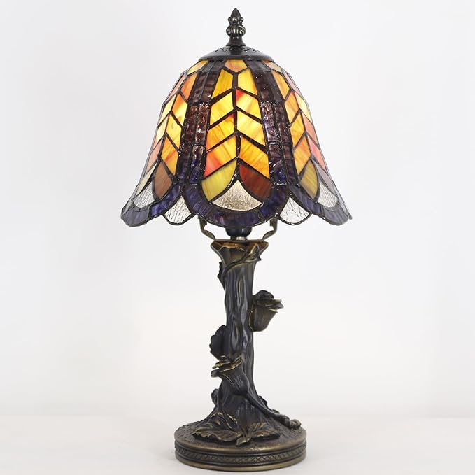 Small Tiffany Lamp Mini Purple Maple Leaf Stained Glass Table Lamp Desk Light 8X8X15.5 Inches with Resin Flower Bas