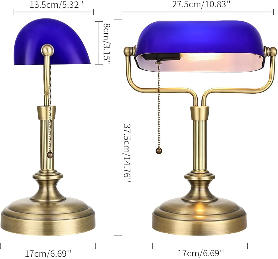 Traditional Banker's Desk Lamp with Glass Shade,Pull Chain Switch, LED Bulb Included (Antique Brass+Blue)