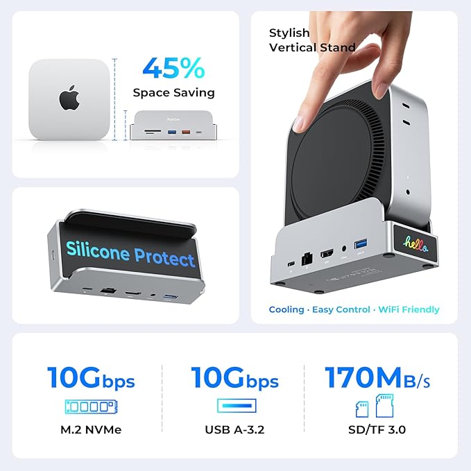 RayCue SmartDock Pro for Mac mini M4 Dock Stand with M.2 NVMe SSD Enclosure, 4K 60Hz HDMI, 10Gbps USB-C/A, Gigabit Ethernet, SD/TF Card Readers – Space-Saving Vertical Hub Compatible with Mac mini