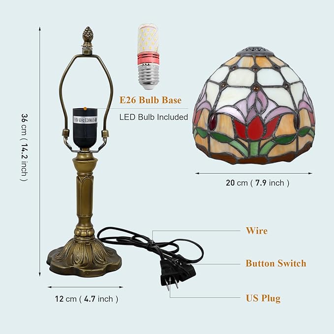 Tiffany Lamp Tulips Flower Stained Glass Table Lamp 8x8x14 Inches Flower Style Desk Reading Light Decor for Beside Bedroom Living Room Home Office with LED Bulb