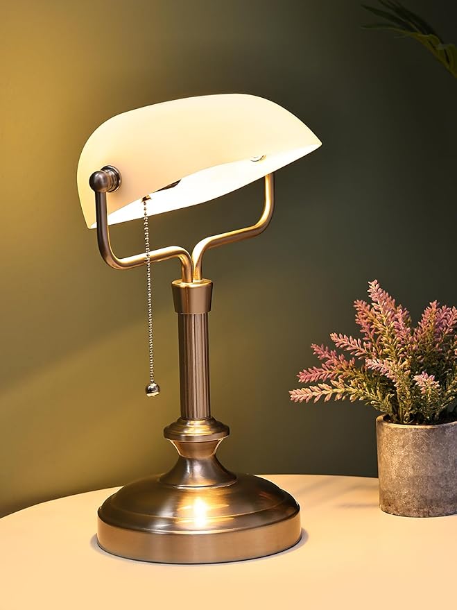 Traditional Banker's Desk Lamp with Glass Shade,Pull Chain Switch, LED Bulb Included (Satin Nickle+White)