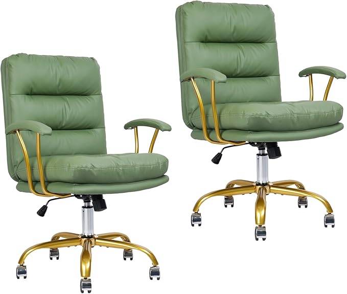 Leather Home Office Desk Chair, Mid-Back Vanity Chair Make Up Chair with Gold Wheels and Armrests, Rolling Swivel Computer Task Chair for Office Bedroom Living Room Girls Women, Green, 2 Pack