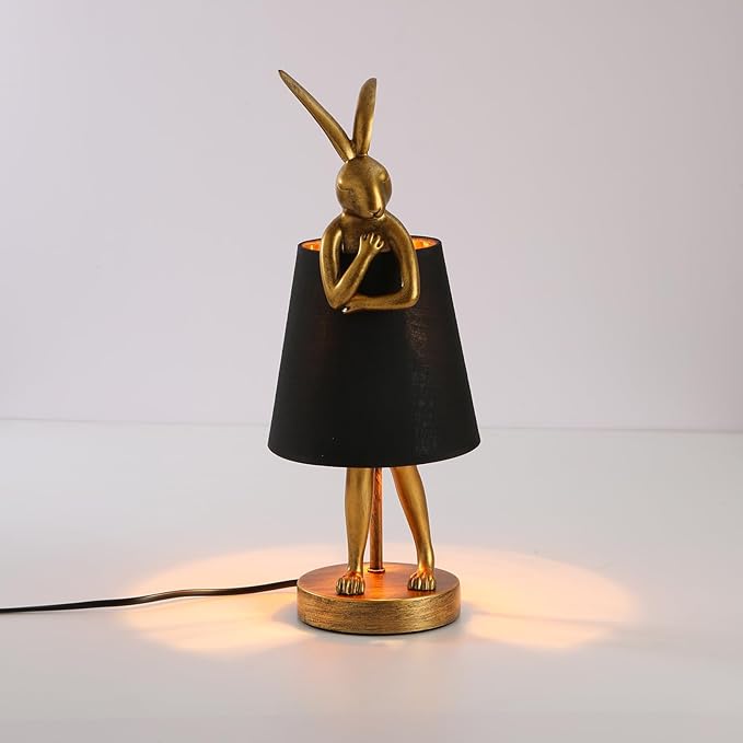 LED Bunny Table Lamp, Resin Animal Rabbit Desk Light with Linen Shade, 15.7 Inch Decorative Lamp for Bedroom, Office & Kids Room (15.7" Black Shade)